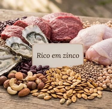 Variedade de alimentos ricos em zinco, incluindo ostras, carne vermelha, frango, sementes e oleagino