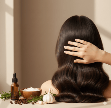 Uma mulher com cabelos longos e um frasco de óleo.