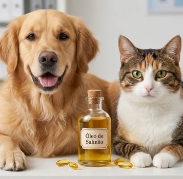 Um cão e um gato sentados atrás de um frasco de óleo de salmão.