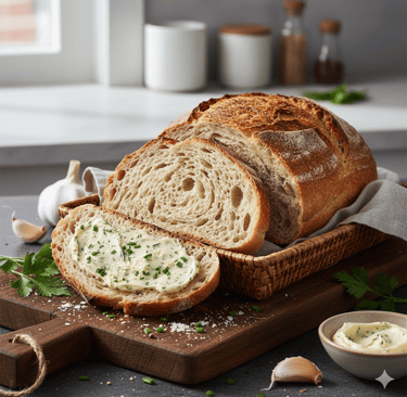 Pão francês fatiado sobre tábua de madeira com manteiga de alho