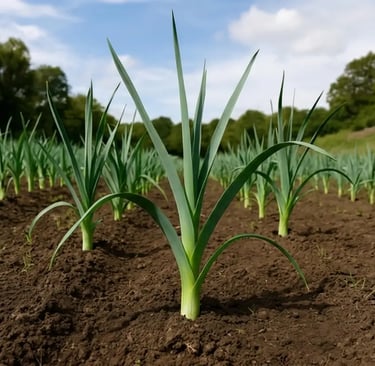 Alhos-porós verdes frescos crescendo em fileiras de solo escuro em uma horta sustentável.