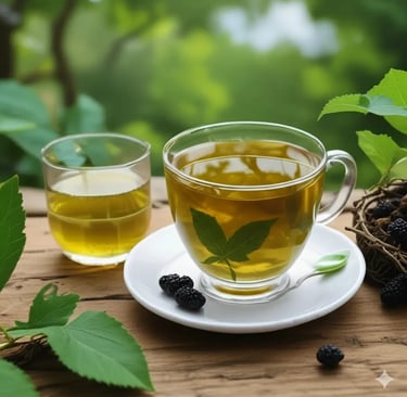 Chá orgânico fresco de folha de amora servido em uma xícara de vidro sobre uma mesa rústica de madei