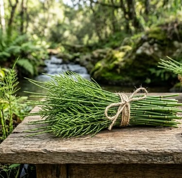 Feixe fresco de cavalinha amarrado com barbante sobre mesa de madeira rústica à beira de um riacho 