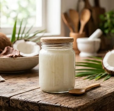 Óleo de coco orgânico em um pote de vidro sobre uma mesa de madeira, acompanhado de cocos cortados 