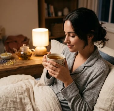 Uma mulher de pijama senta-se na cama tomando uma xícara de chá de ervas relaxante para uma rotina