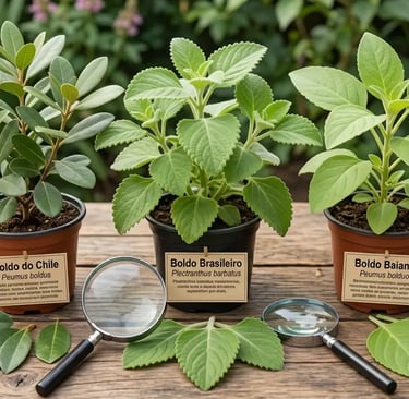 Plantas medicinais de boldo do Chile, brasileiro e baiano em vasos sobre uma mesa de madeira
