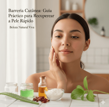 Mulher aplicando cuidados naturais no rosto com óleos e aloe vera.