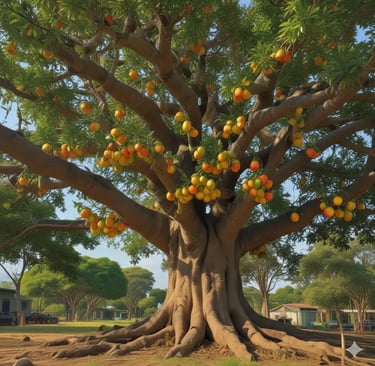 Árvore de jenipapo frutificando, com tronco grosso e raízes expostas, cheia de frutos amarelo-alaran