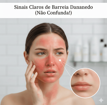 Mulher com marca avermelhada na pele do rosto, em fundo claro.