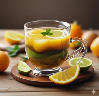 Caldo de pé de galinha rico em colágeno servido em xícara de cerâmica sobre mesa de madeira, com erv