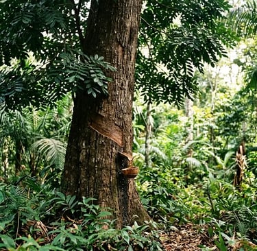 (Copaifera): uma copaíba em floresta tropical, com o tronco sendo perfurado para extração do óleo