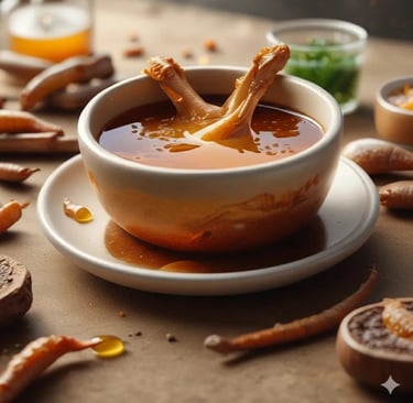 Tigela de sopa herbal tradicional com pés de galinha rica em colágeno, cercada por gengibre e ingred