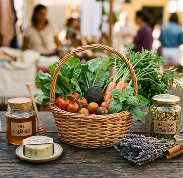 Vegetais orgânicos frescos em uma cesta de vime, com mel artesanal e ervas naturais 