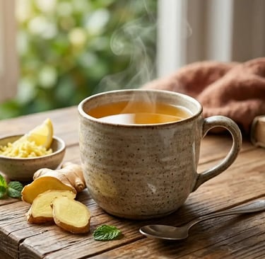 Caneca fumegante de chá de gengibre fresco com limão e mel sobre uma mesa de madeira rústica, perto