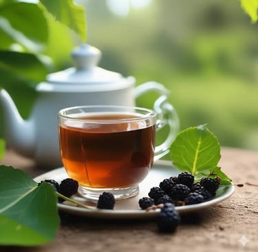 Chá quente de **folhas de amora** em uma xícara de vidro, servido com amoras frescas e um bule branc
