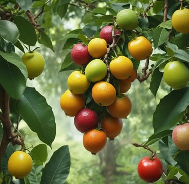 Frutos de gabiroba em tons de amarelo e alaranjado crescendo agrupados nos galhos de uma árvore com