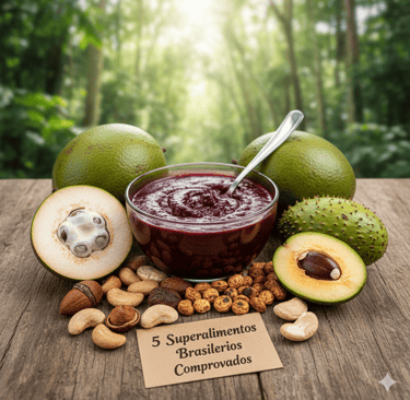  Creme de açaí em tigela, cercado por frutas brasileiras e oleaginosas, com placa escrita “5 superal