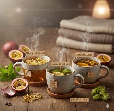 Chá de maracujá fumegante mistura-se com camomila, erva-cidreira (melissa) e lúpulo em canecas de ce