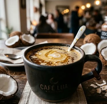Óleo de coco quente, servido em uma caneca de cerâmica preta sobre uma mesa de madeira no Café.