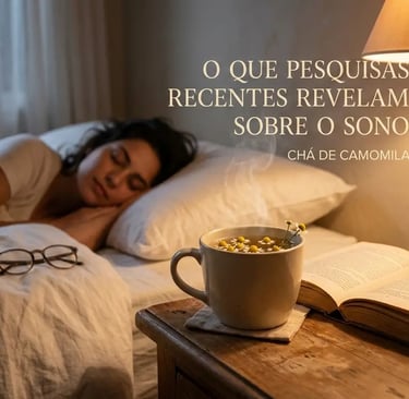 Mulher dormindo tranquilamente na cama, próxima a um criado-mudo com uma xícara de chá de camomila 