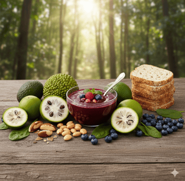 Tigela com creme de açaí sobre mesa de madeira, cercada por frutas brasileiras, oleaginosas e fatias