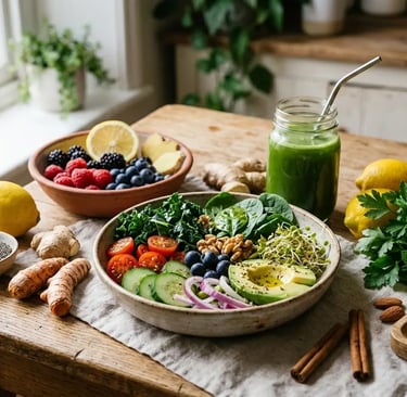 Uma tigela de salada saudável à base de plantas com abacate e frutas vermelhas, ao lado de um smooth