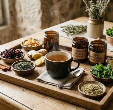 Chá de ervas fumegante em uma bandeja de madeira com gengibre, canela e hibisco orgânicos