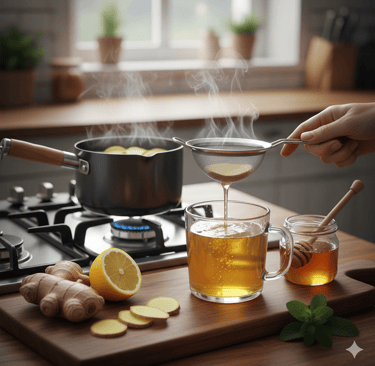 “Chá de gengibre sendo coado em uma caneca, com gengibre fresco, limão e mel sobre a bancada.”