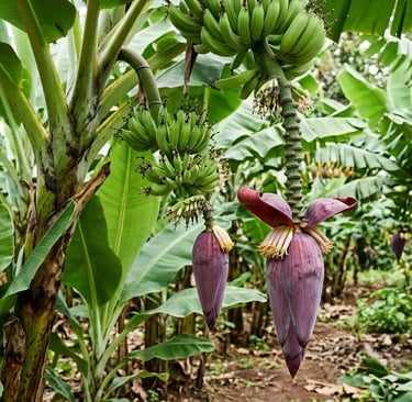 Um cacho de bananas verdes crescendo em uma árvore, com uma flor de banana roxa