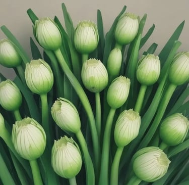 Um exuberante buquê de botões fechados de flores de alho-poró, com hastes e folhas verdes vibrantes.