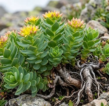 Flores amarelas de Rhodiola rosea desabrochando em uma encosta alpina rochosa, com folhas suculentas