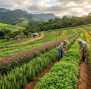 Agricultores cuidando de fileiras de plantas medicinais e flores orgânicas em uma fazenda sustentáve