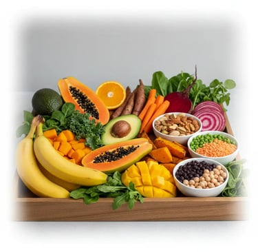 Uma bandeja de madeira cheia de alimentos saudáveis e coloridos, ricos em potássio, incluindo mamão,