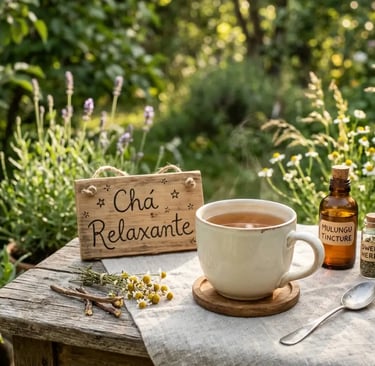 Chá de ervas relaxante com tintura de mulungu e ervas sobre uma mesa rústica no jardim.
