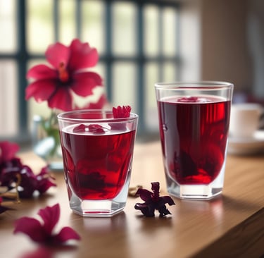 dois copos de chá de hibisco sobre uma mesa, com flor de hibisco ao fundo