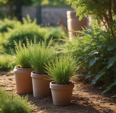 Capim-guiné em vasos de barro em jardim natural, com folhas verdes e luz do sol
