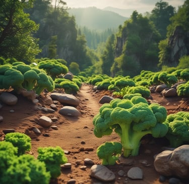**Paisagem surreal com árvores gigantes de brócolis crescendo ao longo de um caminho de terra, em um