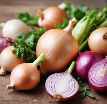 Cebolas amarelas frescas inteiras e cebolas roxas fatiadas com ervas verdes sobre uma mesa rústica d