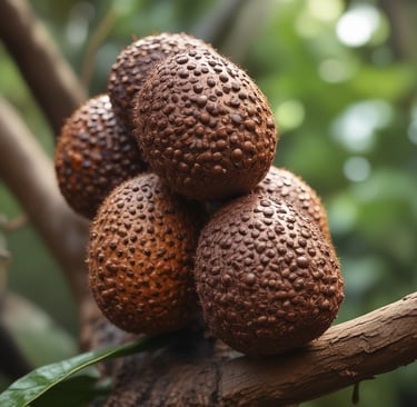Um cacho de frutos de buriti pendendo da palmeira, com casca marrom-avermelhada e textura escamosa,