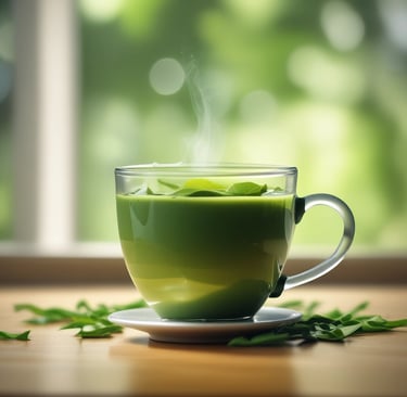 Xícara de chá verde quente com folhas naturais, em copo de vidro transparente, com vapor subindo e f