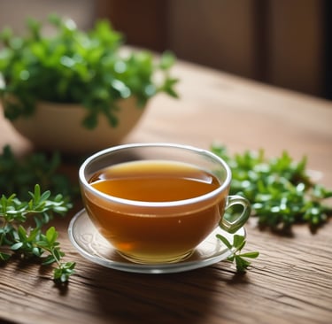 Xícara de vidro transparente com chá de arruda quente sobre mesa de madeira,