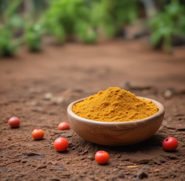 Uma tigela de madeira com cúrcuma orgânica em pó sobre o solo, acompanhada de frutas vermelhas fresc
