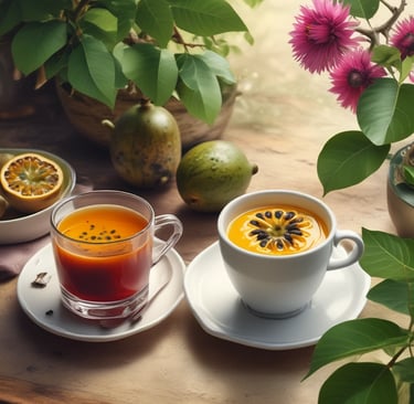 "Chá de maracujá quente e suco tropical servidos em xícaras sobre uma mesa de madeira com frutas exó
