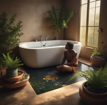 Mulher em banheira, banho de guiné em ambiente natural com plantas