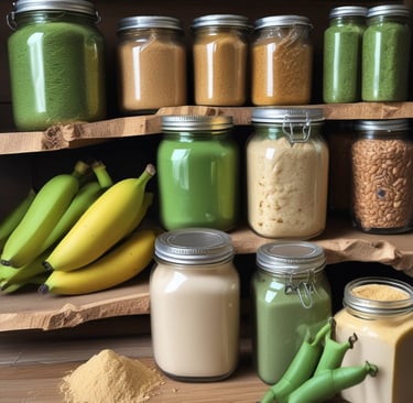 Potes de vidro com farinha e pós naturais ao lado de bananas verdes em prateleira de madeira rústica