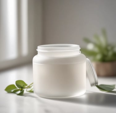 A person with long dark hair smiles while holding a frosted glass bottle labeled 'Pure Solution Essence'. The hand and face are well-lit in natural light.