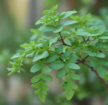 Close-up de folhas verdes vibrantes de arruda em um galho fino, com fundo desfocado