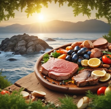 **Bifes crus frescos e alimentos mediterrâneos saudáveis dispostos em uma travessa, com vista para o