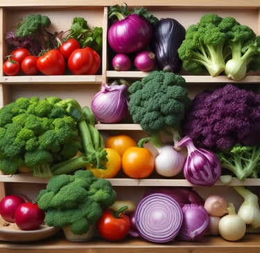 Caixote de madeira rústico cheio de brócolis orgânicos, cebolas roxas, tomates e pimentões.