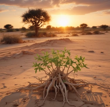 planta crescendo a partir das raízes de uma árvore no deserto